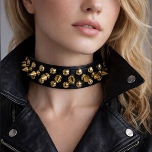 Edgy Punk Rock Spiked Choker Necklace Black Faux Leather with Gold-Tone Studs